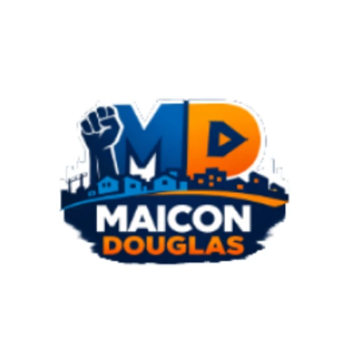 Logotipo com punho erguido ao lado das letras MD e abaixo Maicon Douglas.