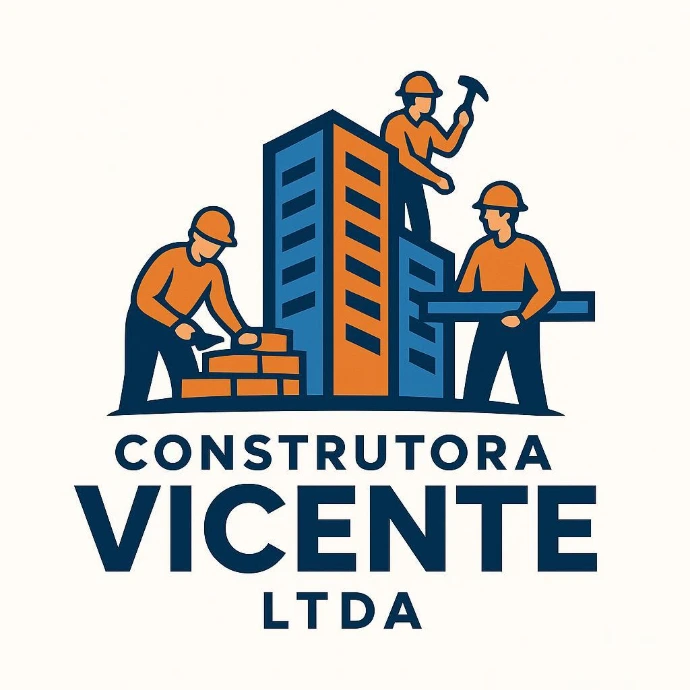 Miniatura de homens construindo um prédio com a marca Construtora Vicente abaixo.